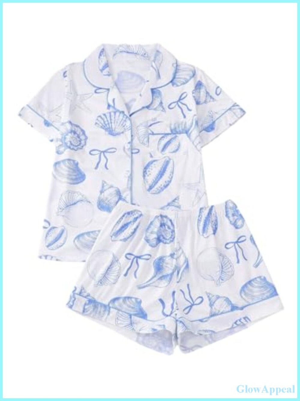 2 Piece Cute Beach Pajama Set Shell Print Sleepwear Short Sleeve